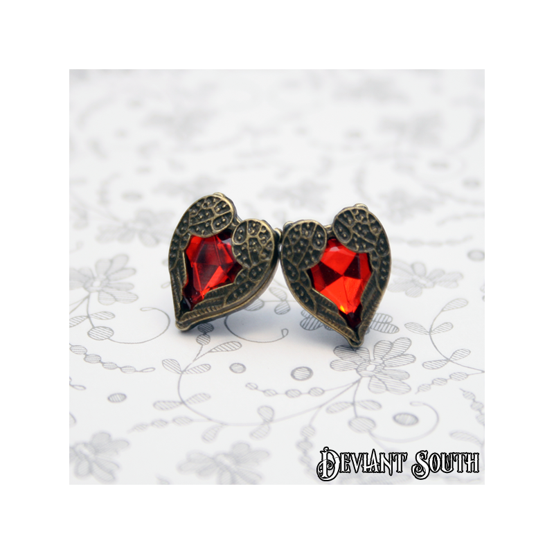 Bronze Angel Wings Red Rhinestone Heart Earrings