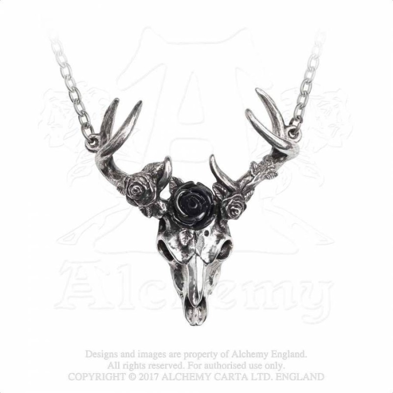 Pewter Stag Skull Necklace -- Alchemy P807 White Hart, Black Rose