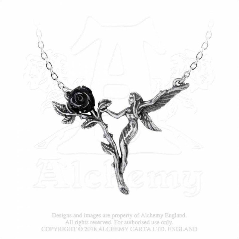 Alchemy Gothic P844 Faerie Glade -- black rose pewter pixie necklace