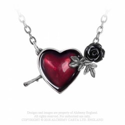 Alchemy Gothic P848 Wounded By Love -- black rose red heart pewter