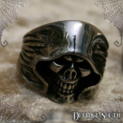 Stainless Steel Reaper Hooded Biker Death Skull Ring - Silver