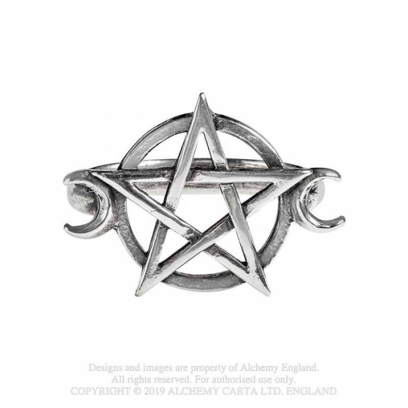 Alchemy Gothic AG-R234 Goddess -- pentacle crescent moons pewter ring