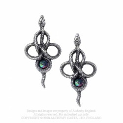 Alchemy Gothic E441 Tercia Serpent -- coiled snake rule-of-three pewter dropper earrings (pair)