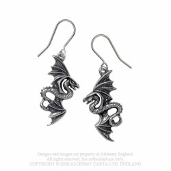 Alchemy Gothic E442 Flight of Airus -- petite dragon pewter dropper earrings (pair)