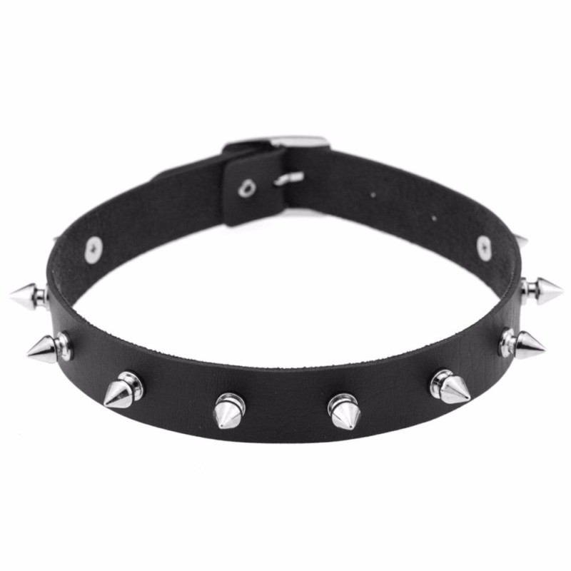 Gothic PU Leather Choker Collar - Short Spikes - Black