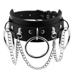 PU Leather 3 O-Ring Wide Collar with Chains - Black