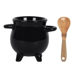 Black Cauldron Egg Cup with Brown Broom Spoon