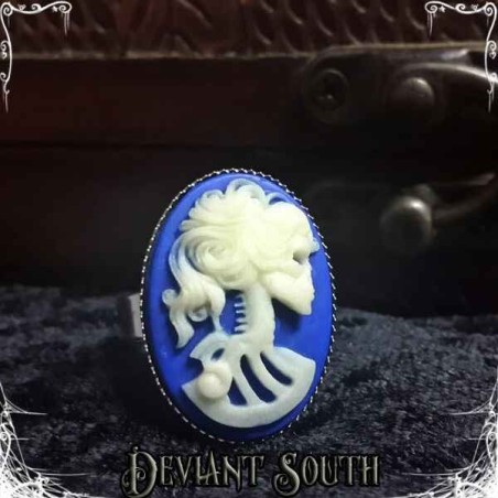 Deviant South Medium Madame Squelette Cameo Silver Adjustable Ring - Luminous & Blue