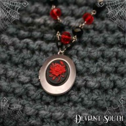 Deviant South 'A Thorn's Kiss' Red Rose Cameo Locket, Black Red Beads