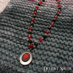 Deviant South 'A Thorn's Kiss' Red Rose Cameo Locket, Black Red Beads