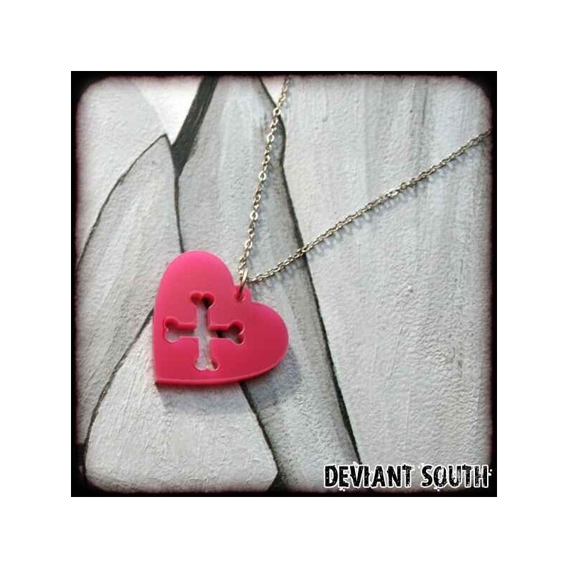 Deviant South Pink Acrylic Heart & Crossbones Necklace