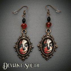 Deviant South Sugar Skull Bronze Earrings with Red Facetted Beads