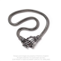 Alchemy Gothic P941 Take Me With You -- magnetic skeletal hands clasp, wrap-around snake chain, red Swarovski