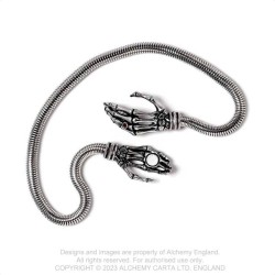 Alchemy Gothic P941 Take Me With You -- magnetic skeletal hands clasp, wrap-around snake chain, red Swarovski