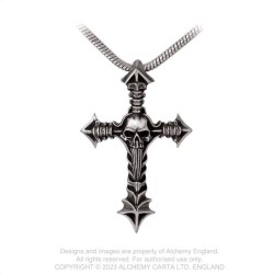 Alchemy Gothic P951 Cruxinomica -- lovecraftian holy crusader cross vertebrae skull pewter pendant necklace