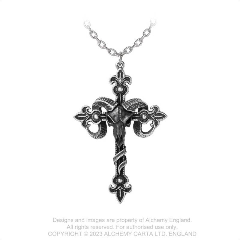 Alchemy Gothic P952 Cross of Baphomet -- fleur de leys scroll templar cross horned ram skull pewter pendant necklace