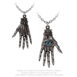 Alchemy Gothic P953 Hand of Glory -- reversable severed mummified hand, blue Hamsa eye, talisman of protection pewter pendant