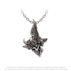 Alchemy Gothic P957 Journey to Valhalla -- horned winged helmet Viking skull pewter pendant necklace