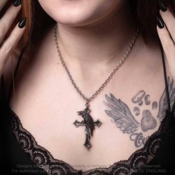 Alchemy Gothic P961 Crux Corvis -- raven cross pewter necklace