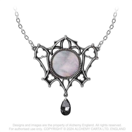 Alchemy Gothic P962 The Ghost Of Whitby -- dark Mother of Pearl disc, silver Swarovski, pewter statement necklace