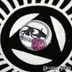 DIY 15mm Wood Button - Skull with Pink Rose (single)