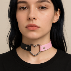 PU Leather Heart Choker - Two-tone - Black & Light Pink