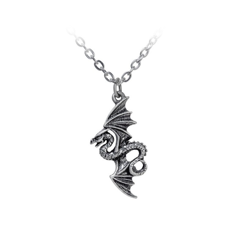 Alchemy Gothic P917 Flight of Airus -- petite dragon pewter pendant necklace