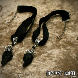 Black Velvet Choker, Black Bird Skull Silver Crown Pendant