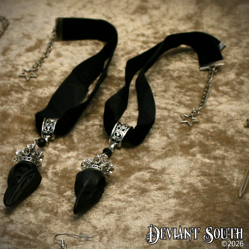 Black Velvet Choker, Black Bird Skull Silver Crown Pendant