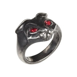 Alchemy Gothic AG-R224 Bastet Goddess -- red Swarovski eyes black cat pewter ring